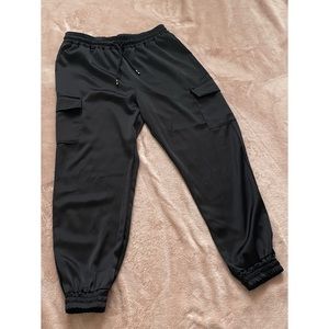 Boohoo black satin joggers